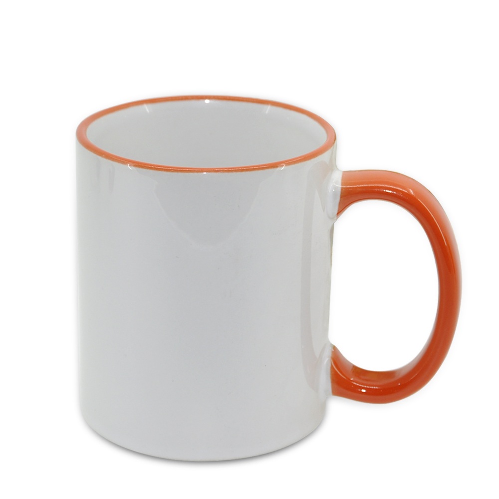 Кружка керамическая белая, оранжевые  ободок и ручка, субл.печать, Ø82 мм х 95 мм, 330 мл